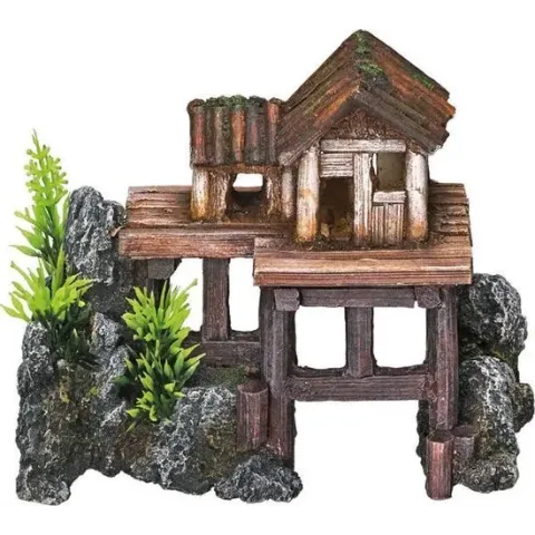Nobby aqua deco houten huis met STenen en plantjes bruin, grijs en groen 15,5 x 8 x 12 cm - 1 ST