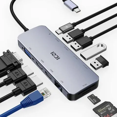 NÖRDIC DOCK-157 - 1 naar 12 Docking station - Ondersteuning voor 3 monitoren - HDMI 4K30Hz - VGA 1080p60Hz - USB-C 100W PD - USB-A 2.0/3.0/3.2 - Ethernet - SD - Grijs