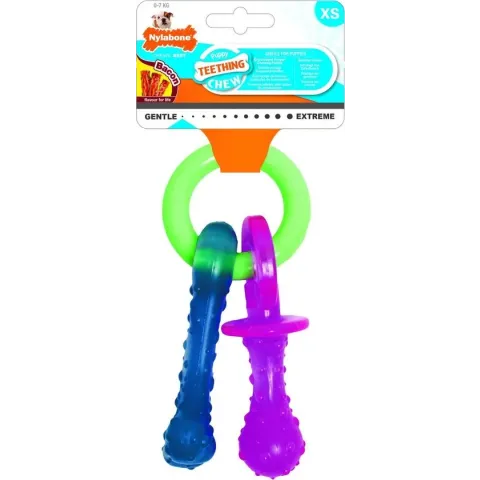 Nylabone Puppy Teething Pacifier Flexible - Hondenspeelgoed - Bacon 215x100x38 mm 108 g Roze Blauw Groen Tot 11kg Small