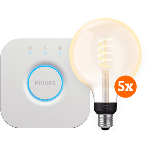 Philips Hue Filament White Ambiance Globe XL 5-Pack + Bridge