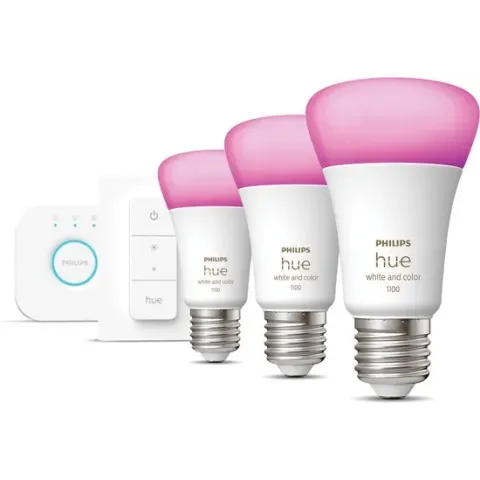 Philips Hue starterspakket E27 Lichtbron met Bridge en 1 Dimmer Switch - White and Color Ambiance - 3 x 9W - Bluetooth