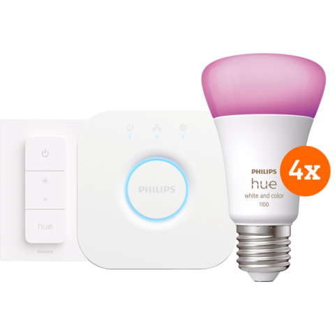Philips Hue White and Color Starter Pack E27 met 4 lampen, dimmer + bridge