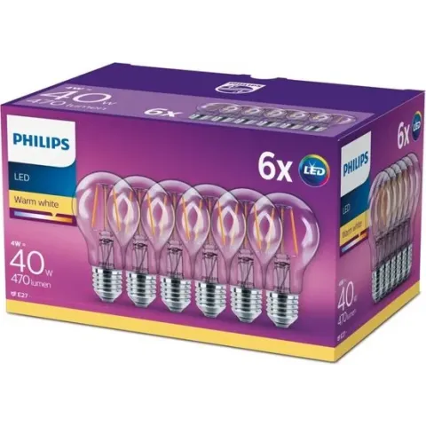 Philips LED Lichtbron - E27 - 4W (40W) - Warm Wit licht - Niet dimbaar - 6 stuks