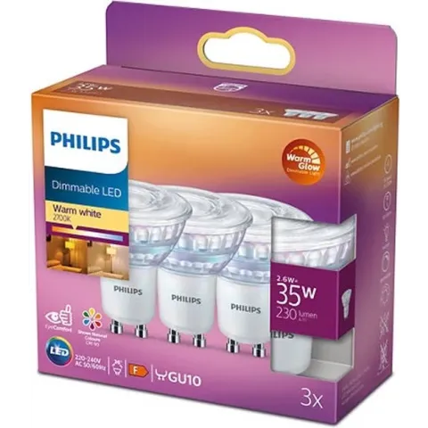 Philips Spot LED GU10 Lichtbron - 3W - Warm Wit licht - Dimbaar - 3 stuks