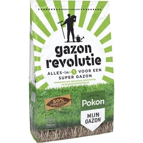 Pokon Gazon Revolutie - 7,5kg - Meststof / Graszaad / Bodemverbeteraar - Geschikt voor 150m² - Binnen 15 dagen resultaat