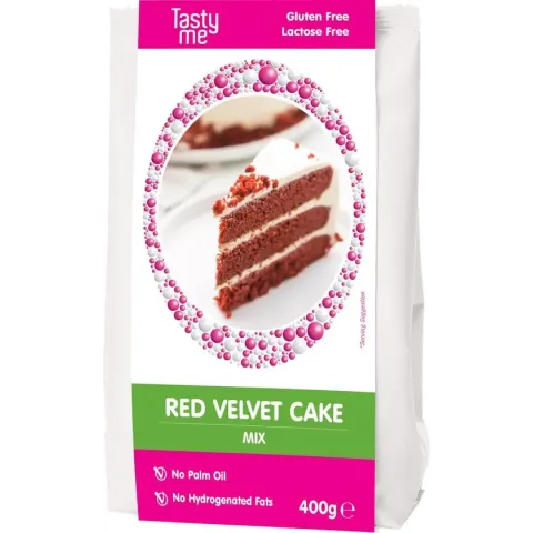 RED VELVET CAKE MIX GLUTENVRIJ 400g. bakmix | bakmixen. Taartingrediënten en bakspullen glutenvrij bakmixen kopen. Tasty Me.