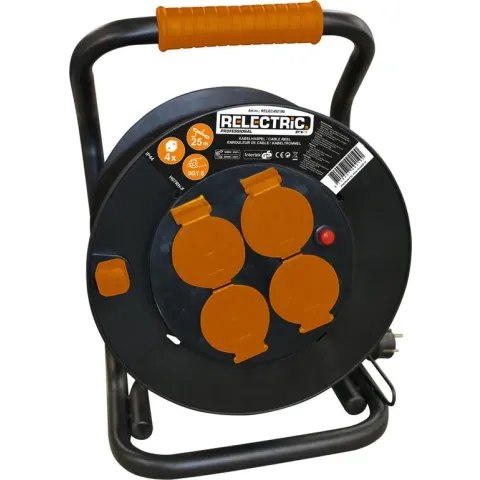 Relectric Kabelhaspel 25m - 4 stopcontacten – 3000W - Met oprolknop - Randaarde - IP44 - geschikt voor buitengebruik