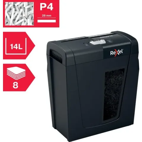 Rexel Secure X8 Stille Papierversnipperaar voor Thuis/Thuiswerken - P-4 Snippers - Invoer tot 8 Vellen - Vernietigt Documenten, Nietjes En Paperclips - Opvangbak Van 14 Liter - Zwart