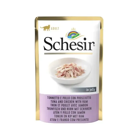 Schesir Cat Maaltijdzakjes Adult In Gelei 85 g - Kattenvoer - Tonijn&Kip&Ham