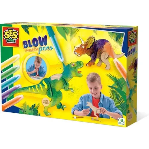 SES - Blow airbrush pens - Dino's - 5 stuks - blaasstift - goed uitwasbaar - inclusief dino onderdelen, lijm, penseel en stickers
