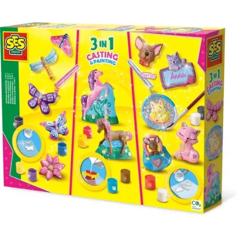 SES - Gieten en schilderen - 3 in 1 - fantasiepaarden, vlinders, honden en katten - sneldrogend - met gietmal, houder, vormpjes, gips, verf, penseel en glitters