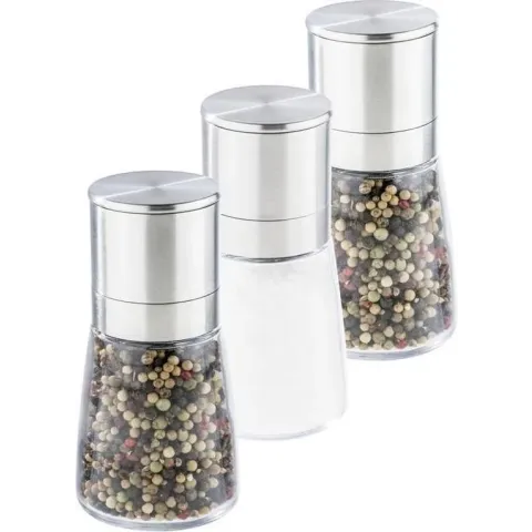 Set van 3x stuks  kruidenmolen/pepermolen/zoutmolen RVS/glas transparant/zilver 13 cm - Pepermaler/zoutmaler - Kruiden en specerijen vermalers