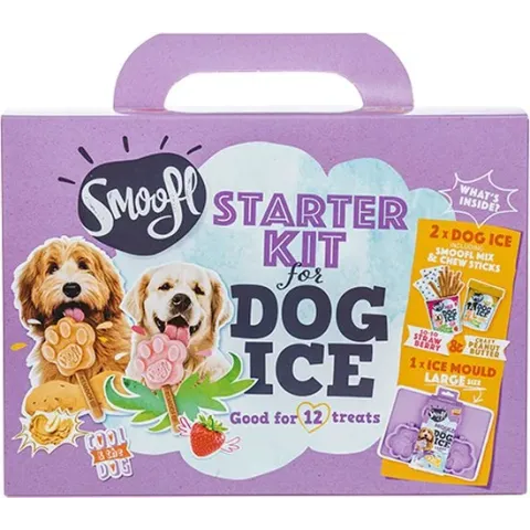 Smoofl honden lekkernij - Starter Kit L om je eigen honden ijs te maken, Kit met 2 ijsmixen voor honden, Pindakaas en Aardbei smaak, een pootvormige Silicone Vorm - voor 3 hondenijsjes