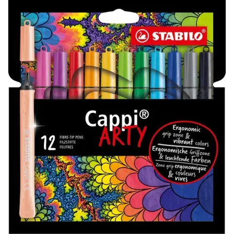 STABILO Cappi - Viltstift - Nooit Meer Je Dop Kwijt Dankzij De Dopring - ARTY Etui Met 12 Kleuren + 1 Dopring