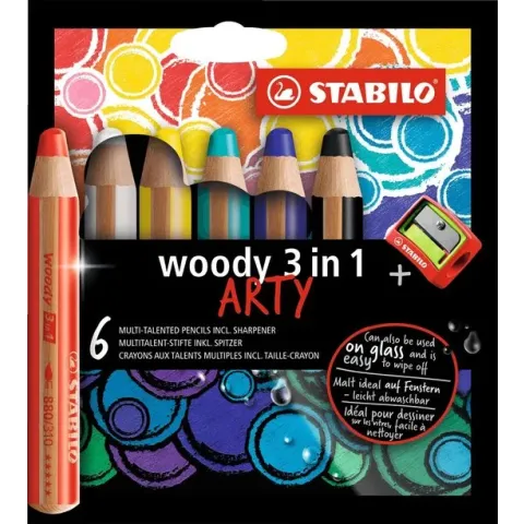 STABILO Woody 3 in 1 - Multi Talent Kleurpotlood - ARTY Etui Met 6 Kleuren + Puntenslijper