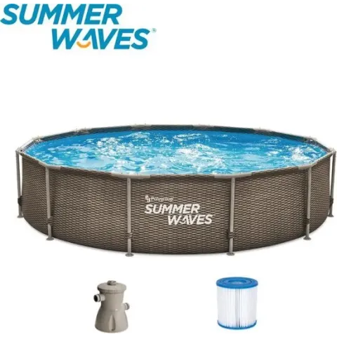 Summer Waves Frame Zwembad | Rotan l Look | Ø 366 cm x 76 xm | Inclusief Filterpomp | Bruin
