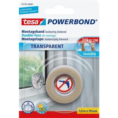 Tesa Montagetape Dubbelzijdig - Transparant - 1,5 m x 19 mm