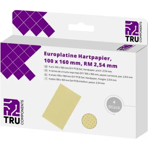 TRU COMPONENTS Printplaat Zonder Cu-laag Hardpapier (l x b) 160 mm x 100 mm 35 µm Rastermaat 2.54 mm Inhoud 4 stuk(s)