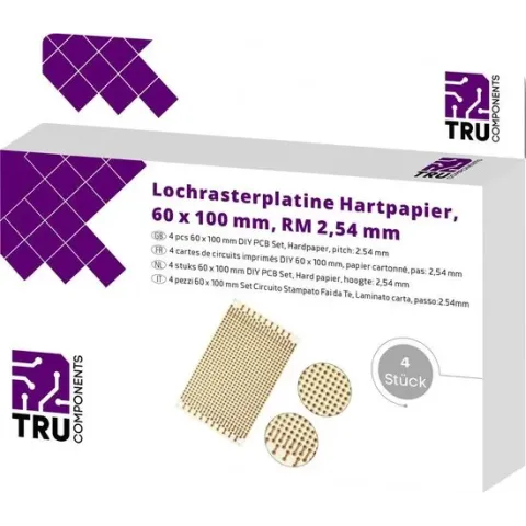 TRU COMPONENTS T1906SA037 Printplaat Hardpapier (l x b) 100 mm x 60 mm 35 µm Rastermaat 2.54 mm Inhoud 4 stuk(s)