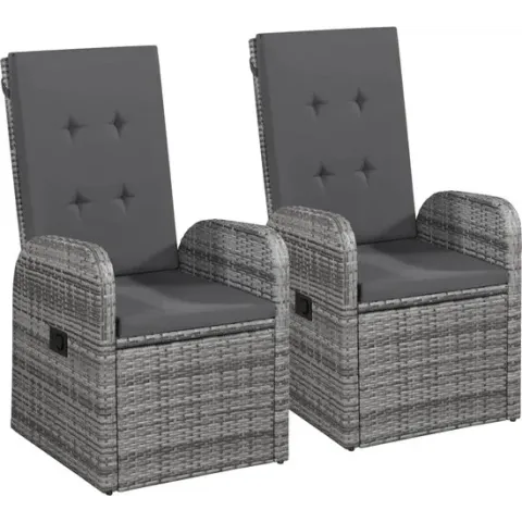 Tuinstoelen 2 st verstelbaar met kussens poly rattan grijs