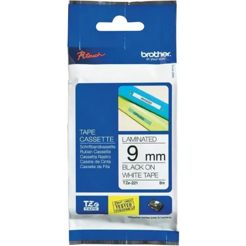 TZe221 - Gel. zelfklevend tape - zwart op wit - Rol (0.9 cm x 8 m) 1 rol(len) -voor P-Touch OA. GL-H100. H105. PT-1290. 3600. D210. D400. D600. E500. E550