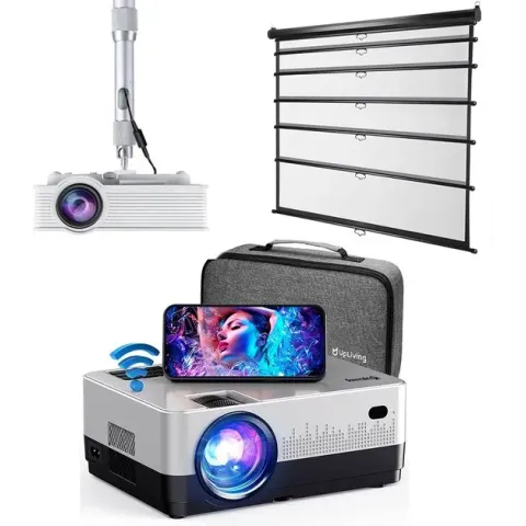 UpLiving® Thuisbioscoop set | WK voetbal 2022 | 159m Breedscherm | UpLiving™ LCD Mini Beamer met WiFi | UpLiving™ Beamerbeugel | UpLiving™ handmatig projectiescherm | Surround set Home Cinema | Pathe Thuis | Filmpakket