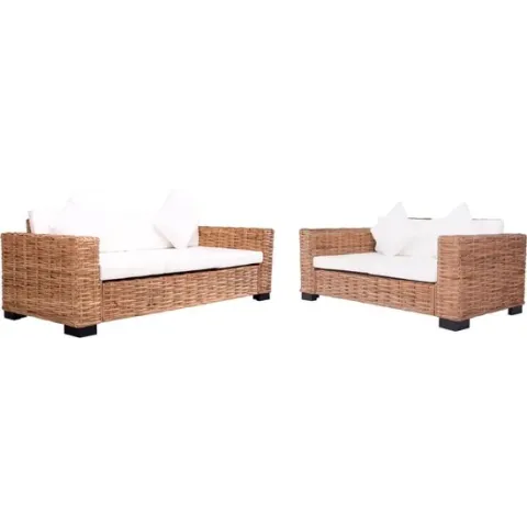 vidaXL 2-delig Tuinbankstel met kussens natuurlijk rattan