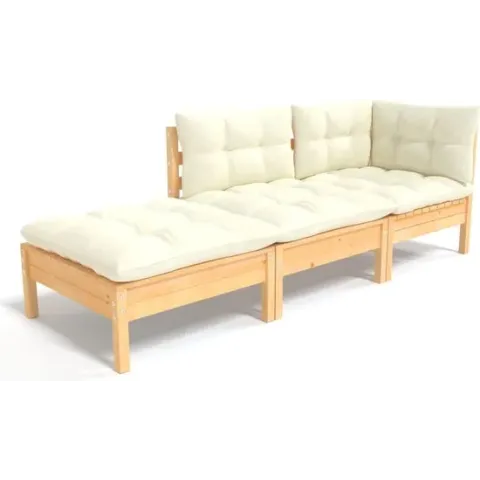 vidaXL 3-delige Loungeset met crèmekleurige kussens massief grenenhout
