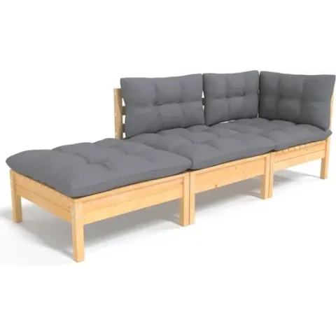 vidaXL 3-delige Loungeset met grijze kussens massief grenenhout