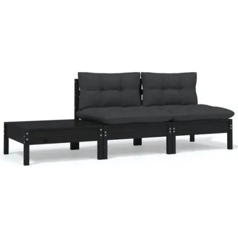 vidaXL 3-delige Loungeset met kussens massief grenenhout zwart
