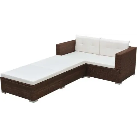 vidaXL 3-delige Loungeset met kussens poly rattan bruin