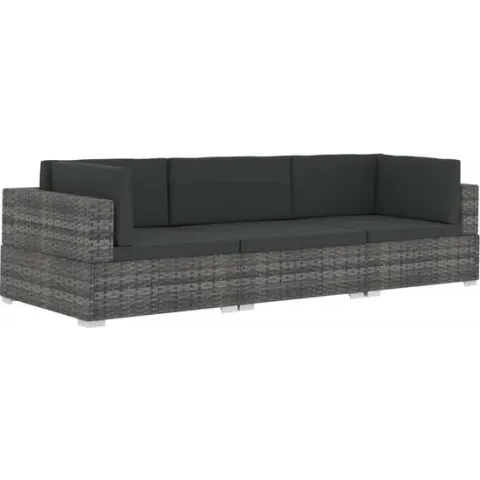 vidaXL 3-delige Loungeset met kussens poly rattan grijs