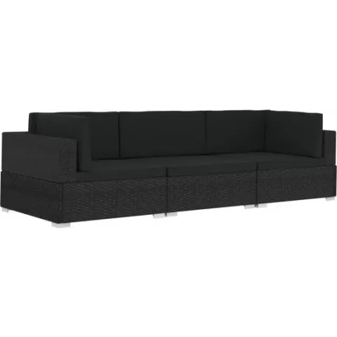 vidaXL 3-delige Loungeset met kussens poly rattan zwart
