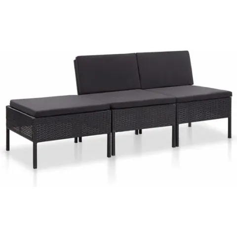 vidaXL 3-delige Loungeset met kussens poly rattan zwart