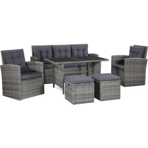 vidaXL 6-delige Loungeset met kussens poly rattan grijs