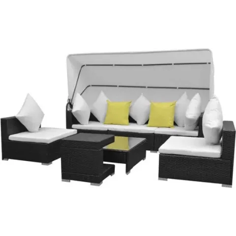 vidaXL 7-delige Loungeset met luifel poly rattan zwart