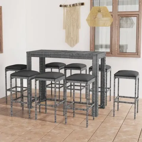 vidaXL 9-delige Tuinbarset met kussens poly rattan grijs