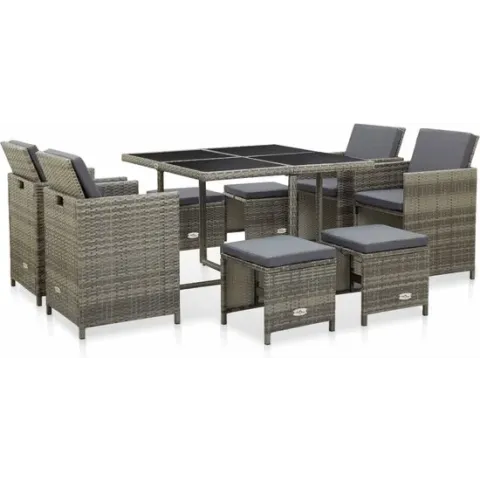 vidaXL 9-delige Tuinset met kussens poly rattan grijs