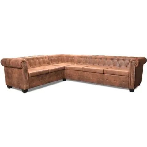 vidaXL Chesterfield hoekbank 6-zits kunstleer bruin