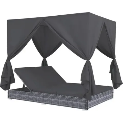 vidaXL Loungebed met gordijnen poly rattan grijs