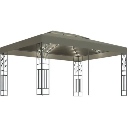 vidaXL Prieel met dubbel dak en LED-lichtslinger 3x4 m taupe