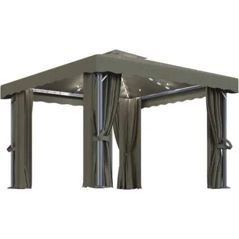 vidaXL Prieel met gordijn en LED-lichtslinger 3x3 m taupe