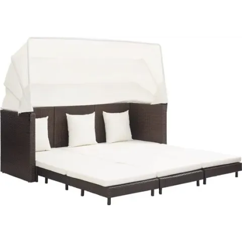 vidaXL Slaapbank met luifel 3-zits verlengbaar poly rattan bruin  VDXL_46076