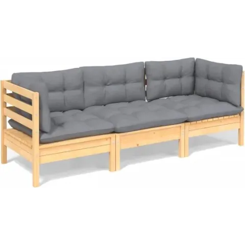 vidaXL Tuinbank 3-zits met grijze kussens massief grenenhout