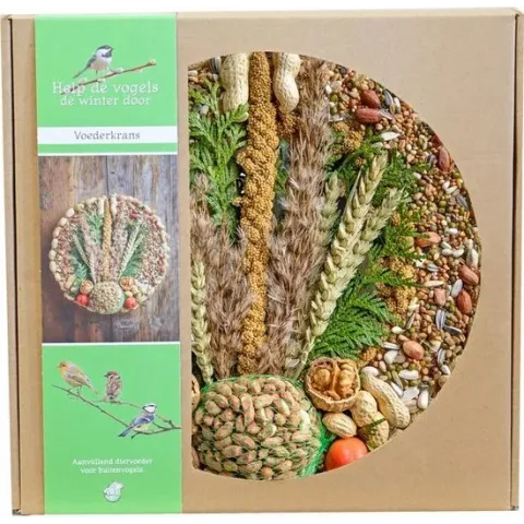 Voederkrans met pindanet en decoratie Ø 28 cm. Cadeautip! Krans voor buitenvogels
