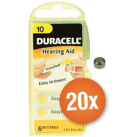 Voordeelpak Duracell gehoorapparaat batterijen - Type 10 (geel) - 20 x 6 stuks