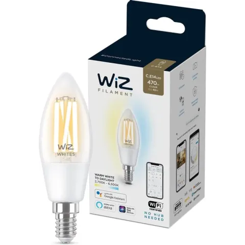 WiZ Filament Kaarslamp Slimme LED Verlichting - Warm- tot Koelwit licht - E14 - 40W - Transparant- Wi-Fi