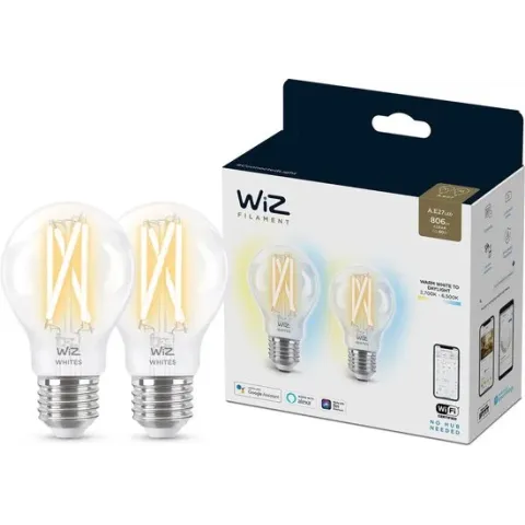 WiZ Filamentlamp 2-pack Slimme LED Verlichting - Warm- tot Koelwit Licht - E27 - 60W - Transparant - Wi-Fi