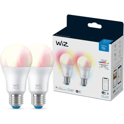 WiZ Lamp 2-pack - Slimme LED-Verlichting - Gekleurd en Wit Licht - E27 - 60 W - Mat - Wi-Fi