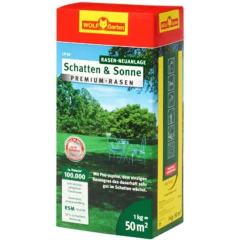 WOLF-Garten Zon & Schaduw Premium Gazon LP50 - voor 50m2 - snelle ontwikkeling - bestand tegen schaduw - minder onkruid - minder maaiafval - dicht en belastbaar gazon